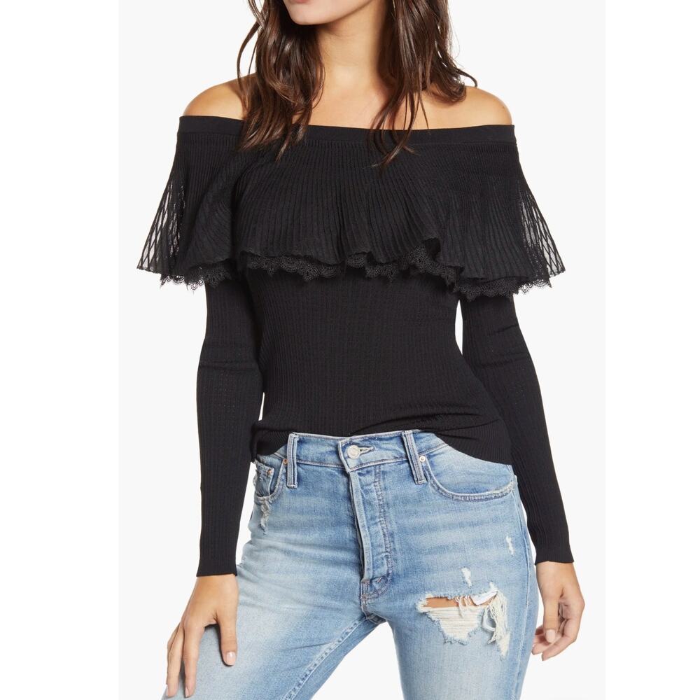 NWT English Factory Ruffled Off Shoulder Ribbed Stretch Knit Top Sweater Large